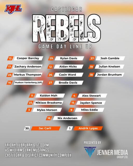 Here’s how the Rebels are projected to line up tonight against the Mustangs. 

Puck drop is at 7pm. Head to our bio for links on how to get tickets and for your virtual watch options. 

Thank you @jennermediagroup for bringing us tonight’s projected line-up. 

#wearerebels #playforthegar #rebsnation #kijhl #kijhlhockey