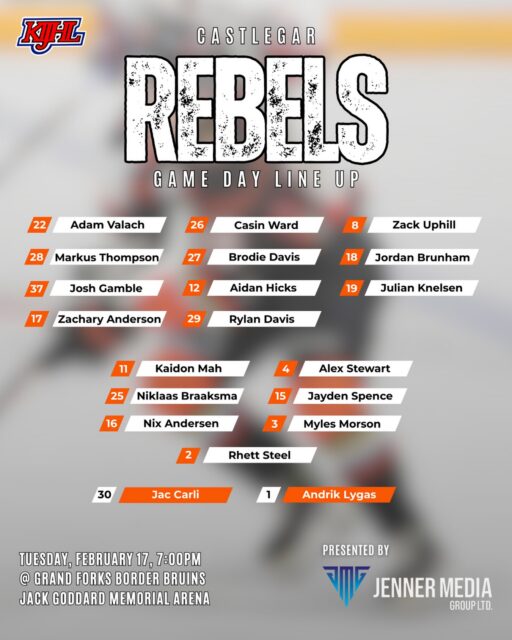 Here’s the Rebels projected line-up for tonight’s road game against the Border Bruins. 

Drive safe to all who are travelling to watch the game in person. 

Thanks to @jennermediagroup for bringing us the line-up this evening. 

#wearerebels #playforthegar #rebsnation #kijhl #kijhlhockey