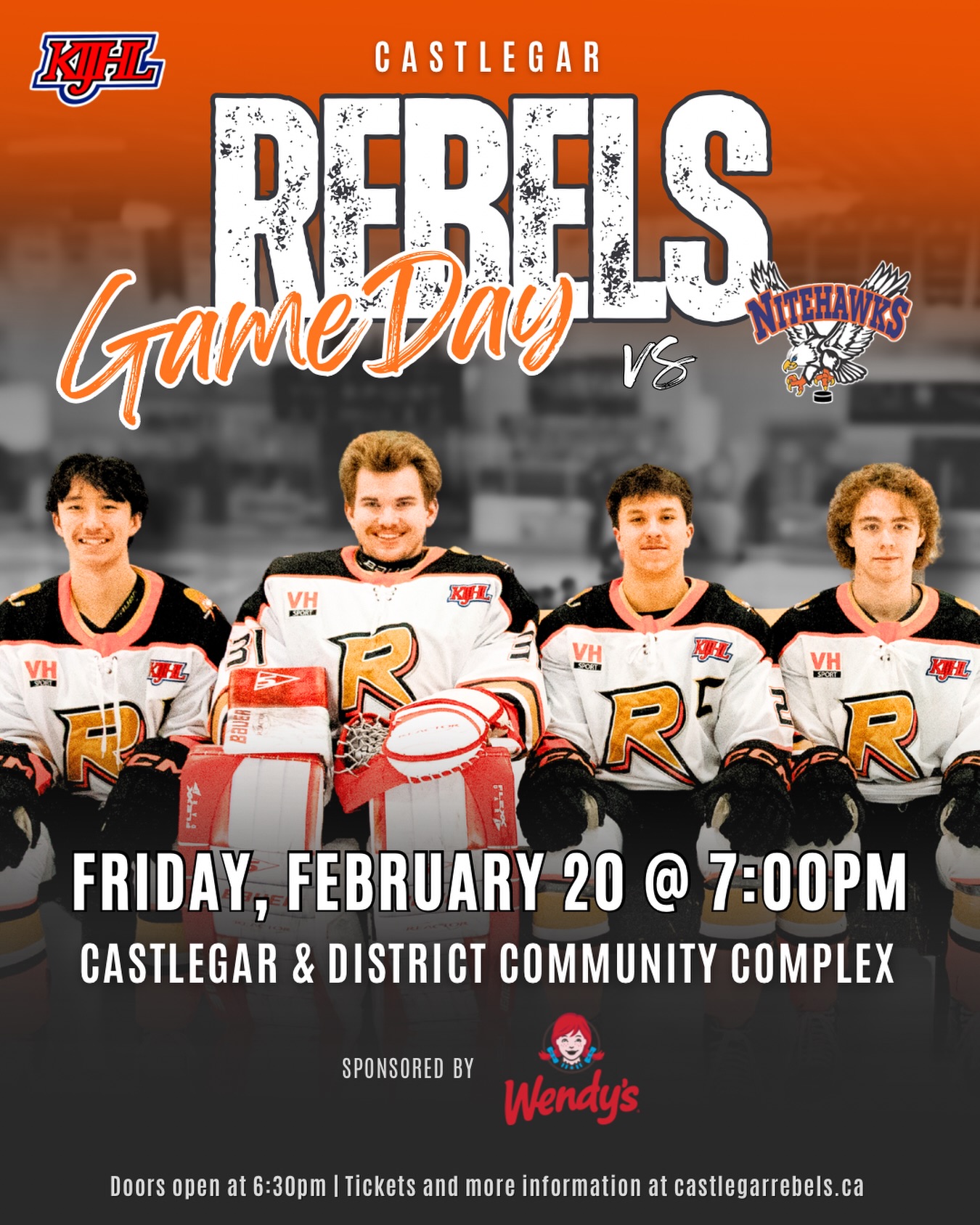 Tonight’s match-up is the final regular season home game for the Rebels. Come out, celebrate our graduating players, and cheer the team on against the Nitehawks. 

There will also be a fun mini game during the intermission with the U5/U7 Rebels. 

Grab your tickets at the link in our bio.
Shoutout to our game day sponsor, Wendy’s! 

#wearerebels #playforthegar #rebsnation #kijhl #kijhlhockey 

📸: Kelsea Dorosz