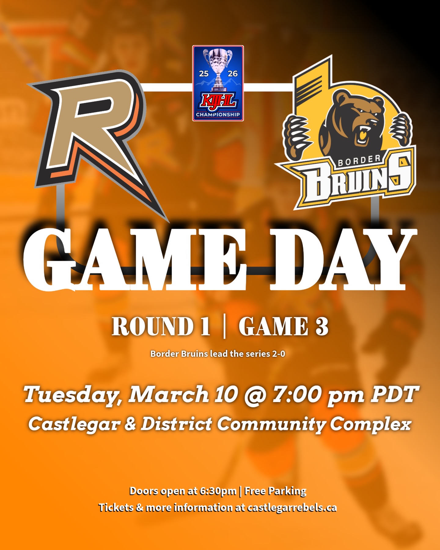 🚨GAME 3: WE’RE BACK ON HOME ICE!🚨

Rebels fans, it’s time to bring the noise! Come out and show your support as the Rebs take to home ice against the Border Bruins.

Arrive early to get your FREE set of team orange inflatable boom sticks! (Available while supplies last).

And enjoy all the game-day essentials:
🍻 Beer Gardens
🥏 Frisbee Toss
🎁 Numerous Giveaways
💰 50/50 Draw

Tickets for tonight and for Game 4, plus info on how to watch the game on Flo Hockey are available at the link in our bio.

#wearerebels #playforthegar #rebsnation #kijhl #kijhlplayoffs
