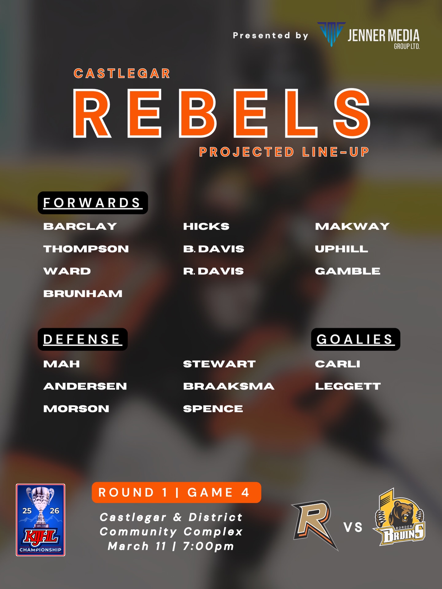 Here’s how the Rebels are projected to line up tonight in Game 4 against the Border Bruins.
Our pre-game roster preview is presented by @jennermediagroup.
#wearerebels #playforthegar #rebsnation #kijhl #kijhlplayoffs