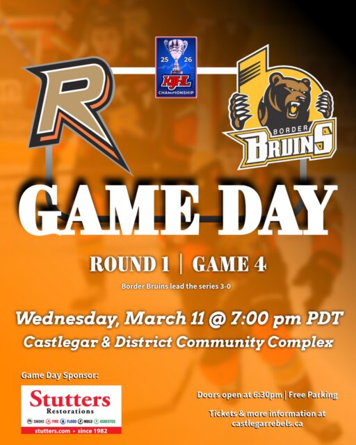 Game 4 goes tonight as the Rebels take on the Border Bruins once again in their Round 1 playoff series.
Come out and enjoy all the game-day essentials:
🍻 Beer Gardens
🥏 Frisbee Toss
🎁 Numerous Giveaways
💰 50/50 Draw
Tickets for tonight plus info on how to watch the game on Flo Hockey are available at the link in our bio.
#wearerebels #playforthegar #rebsnation #kijhl #kijhlplayoffs