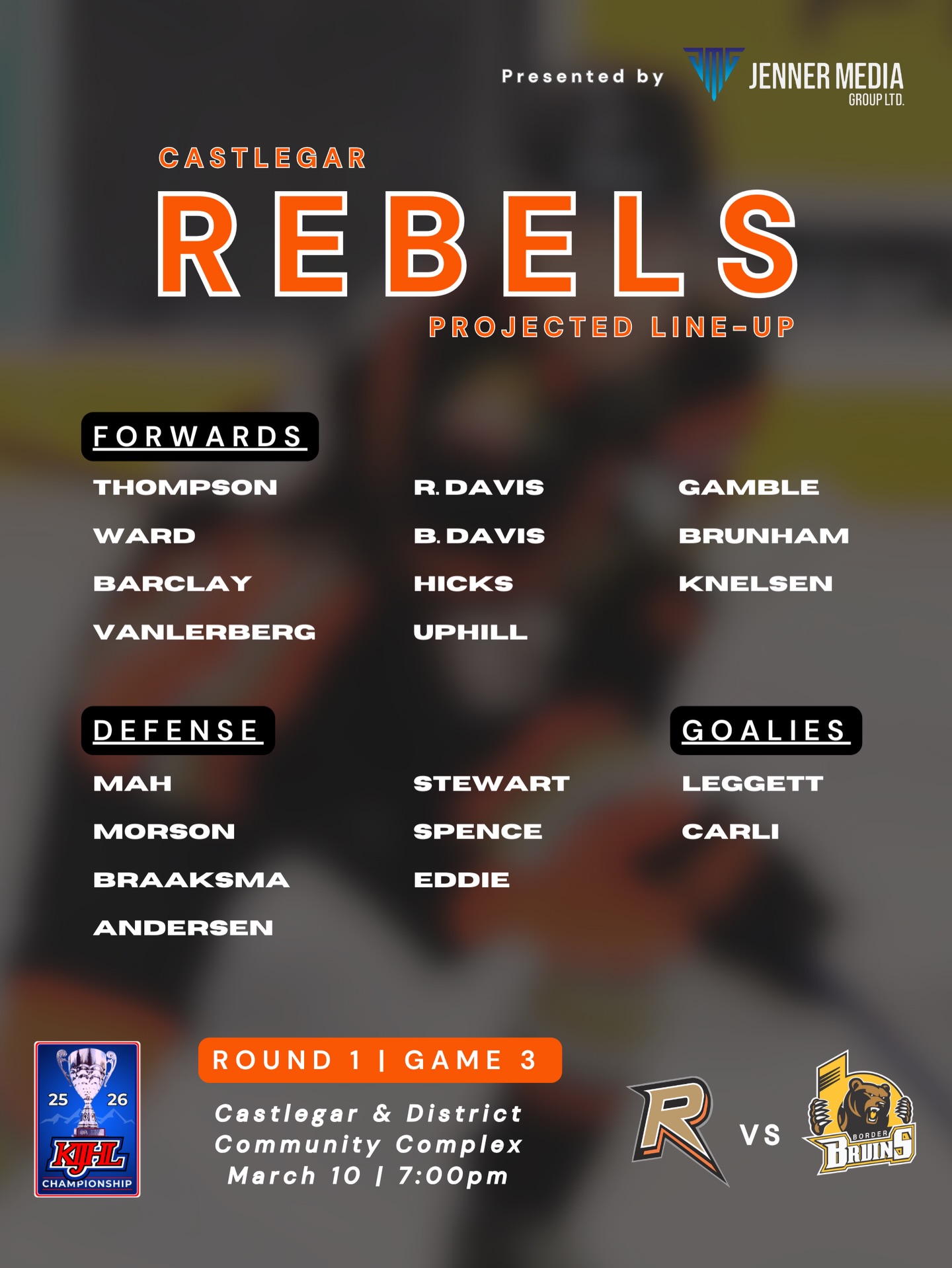 Game 3 is on deck and here’s how the Rebels are projected to line up tonight.
Our pre-game roster preview is presented by @jennermediagroup.
#wearerebels #playforthegar #rebsnation #kijhl #kijhlplayoffs