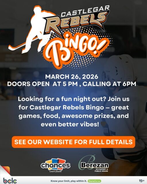 Mark your calendars for Thursday, March 26 and the final Rebels Bingo of the season!
Enjoy a fun night out with:
✨ Amazing games
🍽️ Delicious food
🏆 Door prizes from Steve’s No Frills, Kootenay Market, Castlegar and District Community Complex, Mallard’s and more
🚪 Doors open at 5PM, calling starts at 6PM
Full details at the link in our bio.
#wearerebels #rebsnation