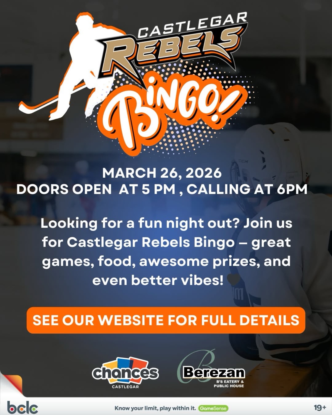 Mark your calendars for Thursday, March 26 and the final Rebels Bingo of the season!
Enjoy a fun night out with:
✨ Amazing games
🍽️ Delicious food
🏆 Door prizes from Steve’s No Frills, Kootenay Market, Castlegar and District Community Complex, Mallard’s and more
🚪 Doors open at 5PM, calling starts at 6PM
Full details at the link in our bio.
#wearerebels #rebsnation