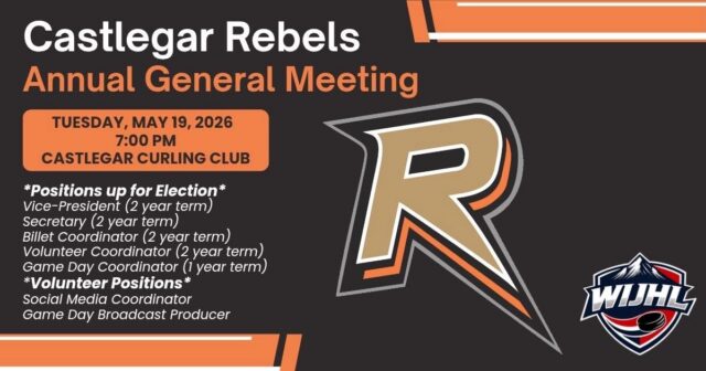 The Castlegar Rebels Annual General Meeting has been scheduled for Tuesday, May 19th, 7:00 PM at the Castlegar Curling Club. 

Who is welcome to attend? Anyone and everyone!

If you want your voice heard, or questions answered or concerns raised, this is your opportunity.

As a community owned team, we are driven by YOU. So take this opportunity to help make a lasting impact on junior hockey in Castlegar. 

*Must be a member to vote. Membership fee is $10 payable at the meeting.

#wearerebels #playforthegar