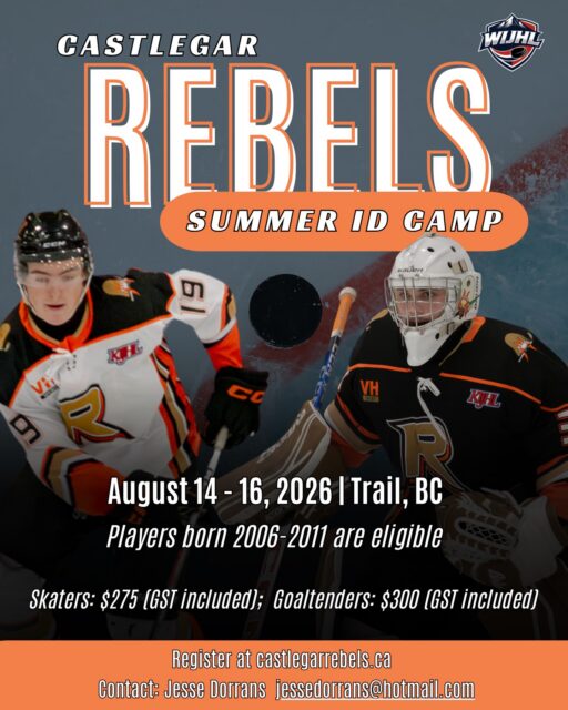 2006 - 2011 born skaters and goaltenders, join us for the Rebels Summer ID Camp this August 14-16 in Trail, BC! 

Skaters: $275 (GST included).
Goaltenders: $300 (GST included). 

Registration is now open at the Rebels website at castlegarrebels.ca under ‘Program Info’, or at the link in our bio.

Questions? Contact Jesse Dorrans at jessedorrans@hotmail.com.

#wearerebels #playforthegar #wijhl