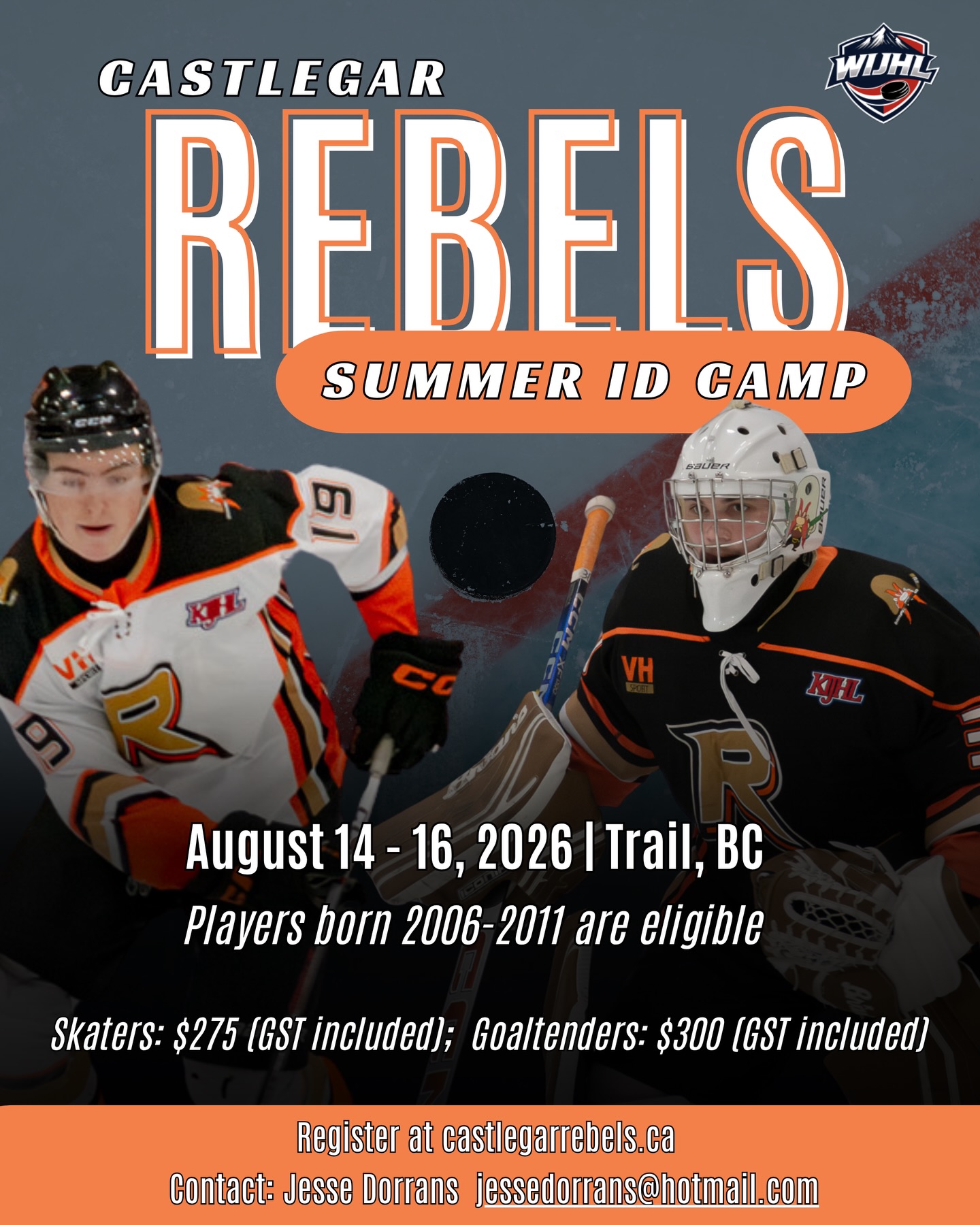 2006 - 2011 born skaters and goaltenders, join us for the Rebels Summer ID Camp this August 14-16 in Trail, BC! 

Skaters: $275 (GST included).
Goaltenders: $300 (GST included). 

Registration is now open at the Rebels website at castlegarrebels.ca under ‘Program Info’, or at the link in our bio.

Questions? Contact Jesse Dorrans at jessedorrans@hotmail.com.

#wearerebels #playforthegar #wijhl