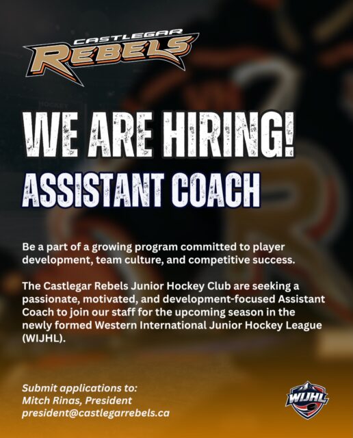 🚨🔊 NOW HIRING: Assistant Coach – Castlegar Rebels (WIJHL) 🔊🚨
The Castlegar Rebels Junior Hockey Club are seeking a passionate, motivated, and development-focused Assistant Coachto join our staff for the upcoming season in the newly formed Western International Junior Hockey League (WIJHL).
This is an exciting opportunity to be part of a growing program committed to player development, team culture, and competitive success.
🔸Position Overview
The Assistant Coach will work closely with the Head Coach to support all aspects of the team, with a strong emphasis on player development, skill progression, and daily on-ice execution. The ideal candidate is a strong communicator, a positive leader, and dedicated to helping players advance both on and off the ice.
🔸Key Responsibilities
• Assist in planning and implementing practices focused on individual and team development
• Support game preparation, bench management, and in-game adjustments
• Work one-on-one with players to enhance skills, systems understanding, and hockey IQ
• Collaborate closely with the Head Coach to uphold team standards and culture
• Contribute to video review, feedback sessions, and player evaluations
• Help foster a positive, disciplined, and development-first environment
🔸Ideal Candidate
• Passion for coaching and developing junior-aged athletes
• Strong communication and organizational skills
• Team-first mindset and ability to work collaboratively
• Previous coaching or playing experience at a high level considered an asset
Join a program that values growth, accountability, and building a strong foundation for athletes to succeed at the next level.
Interested candidates are encouraged to apply by contacting Mitch Rinas, president@castlegarrebels.ca
#wearerebels #playforthegar #wijhl
