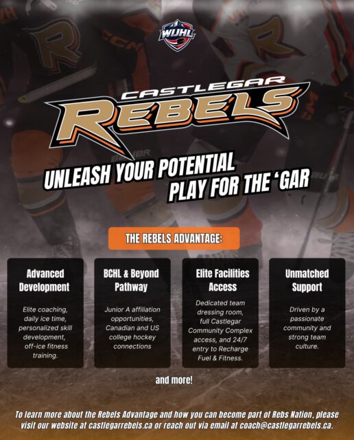 Are you ready to elevate your game and take the next step in your hockey career?
The Castlegar Rebels offer elite player development, a passionate community, and a proven pathway to college and higher-level junior hockey.
Learn more about the Rebels Advantage by visiting castlegarrebels.ca (link in bio) or send us an email at coach@castlegarrebels.ca
🔸Upcoming ID camp: August 14-16, 2026 in Trail, BC. Link in bio to register🔸
#wearerebels #playforthegar #rebsnation #wijhl
