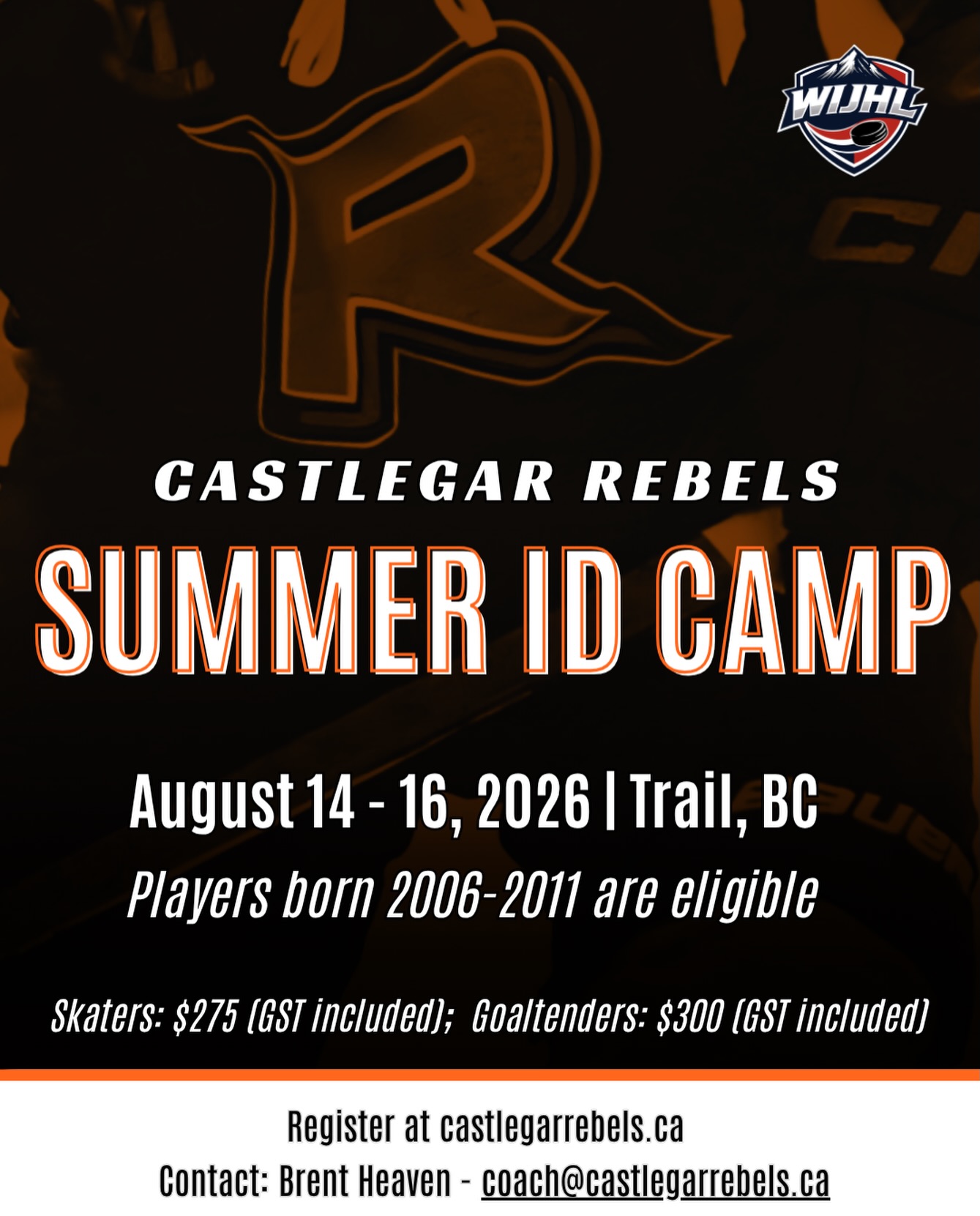 Calling all 2006 - 2011 born skaters and goaltenders - Join us for the Rebels Summer ID Camp this August 14-16 in Trail, BC!
Skaters: $275 (GST included).
Goaltenders: $300 (GST included).
Registration is now open at the Rebels website at castlegarrebels.ca under ‘Program Info’, or at the link in our bio.
Please spread the word and share this with anyone who may be interested in attending and donning a Rebels jersey this season.
Questions? Contact Brent Heaven at coach@castlegarrebels.com.
#wearerebels #playforthegar #wijhl