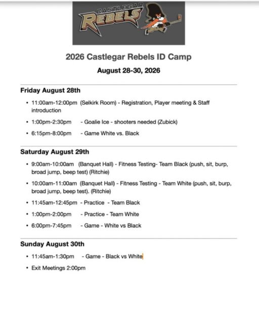 Castlegar Rebels ID Camp starting August 28th to the 30th!
August 28th:
- A registration and introduction
August 29th:
- Fitness testing and practices
August 30th
- A final game and an exit meeting
Good luck everyone!
#WeAreRebels #PlayForTheGar #RebsNation #WIJHL