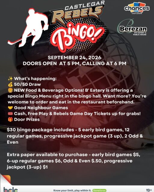 MARK YOUR CALENDARS, REBELS FANS! 

Something BIG is coming… 🎉

Grab some friends and join the Castlegar Rebels for a night of fun, great prizes, food and community support at Rebels Bingo! 🏒💙

📅 Thursday, September 24
📍 Chances Castlegar
🎱 Great prizes • Great people • Great cause

#RebelsBingo #WeAreRebles #PlayForTheGar #RebsNation #WIJHL