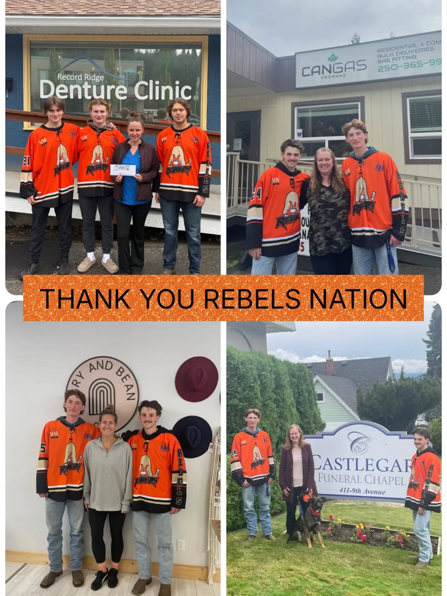 🧡🖤REBELS SHOUTOUT!🖤🧡
A HUGE thank you to Canvas Propane, Bry and Bean, Castlegar Funeral Chapel, and Record Ridge Denture Clinic for supporting our Castlegar Rebels! 🏒🔥
Our sponsors help make Rebels hockey happen and we're very proud to have you in our corner! 🙌
Support the businesses that support the Rebels! 🧡
#CastlegarRebels #GoRebels #PlayForTheGar #WIJHL #RebsNation