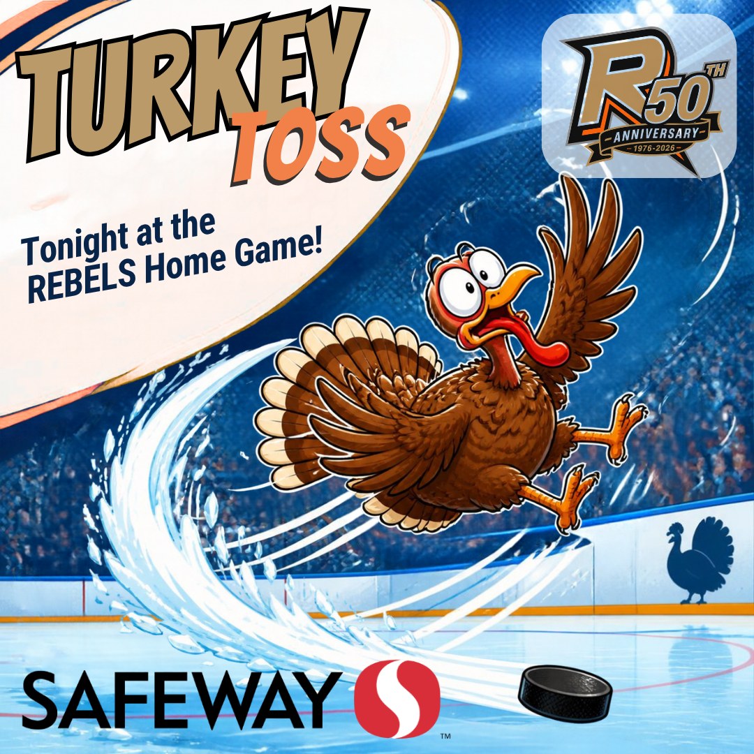 🦃🏒 TURKEY TOSS is TONIGHT! 🏒🦃
Tonight at the Castlegar & District Recreation Complex, we're teaming up with our friends atCastlegar Safeway for a Thanksgiving-flavoured night of fun, and we want to make one thing very clear: we are NOT actually tossing any turkeys. 🙅♂️🦃 No birds will be harmed, hockey-ed, or sent into orbit. (The one on our post looks a little nervous, but he's fine.)
Here's what's on tonight's menu:
🛒 Thanksgiving Basket Draw: Stop by the Safeway table in the lobby starting at 5:45 PM to enter!
🥧 Pie Power: Safeway is handing out pumpkin pies to one entire lucky row every period. Check your seat... you might be sitting in dessert territory! 😍
✈️ THE TURKEY TOSS (end of 1st): Grab a turkey-themed paper plane, give it your best throw, and the 3 closest to centre ice win a frozen turkey! Sharpen those aerodynamics. 🦃
🥏 Frisbee Toss (2nd period): Take home pot is over $1,000, with Safeway gift card consolation prizes ($25 & $50) up for grabs! 💰
🎟️ Plus extra Safeway gift cards in the wristband and program draws all night!
Big thanks to @Safeway for sponsoring tonight and making this one a feast. 🙌 Come hungry, come loud, and bring your best throwing arm!
See you at the rink! ❤🧡🖤
🏒 Oh yeah, your very own Rebels play tonight against the Kelowna Chiefs!
See you soon!
#GoRebels #CastlegarRebels #RebelNation #TurkeyToss #WIJHL