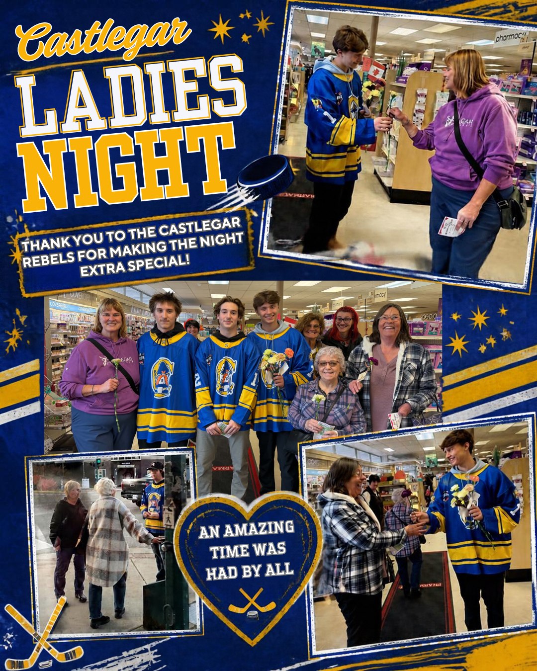 Downtown Castlegar was abuzz with activity last night and the Castlegar Rebels joined in on the fun by greeting ladies, giving out flowers as they entered the different businesses and interacting on the streets.  Thanks to all the businesses that support this community event!