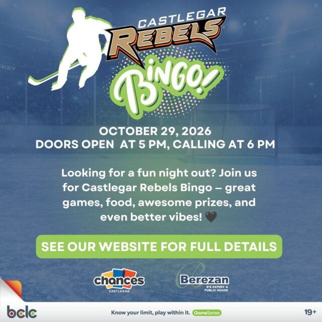 Looking for something fun to do tonight? Head over to Chances Castlegar and join us for some bingo fun! 🙌🧡🖤

🏆 Let’s hear that BINGO!

Bring your lucky charm, grab your seat, and let’s make it a great night! 🎉🎱

#CastlegarRebels #PlayForTheGar #RebelsNation #ChancesCastlegar #BingoNight 🧡🖤