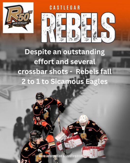 Game stars:
1. Brayden Scott #1 Sicamous Eagles
2. Kai Schendel #16 Sicamous Eagles
3. Alexander Ptak #30 Castlegar Rebels